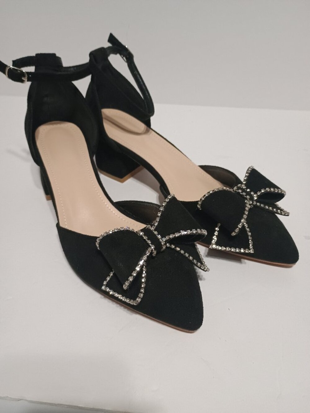 Women's Black Rhinestone Bow Ankle Strap Block Heel Pumps Size 41 Elegant Pointe